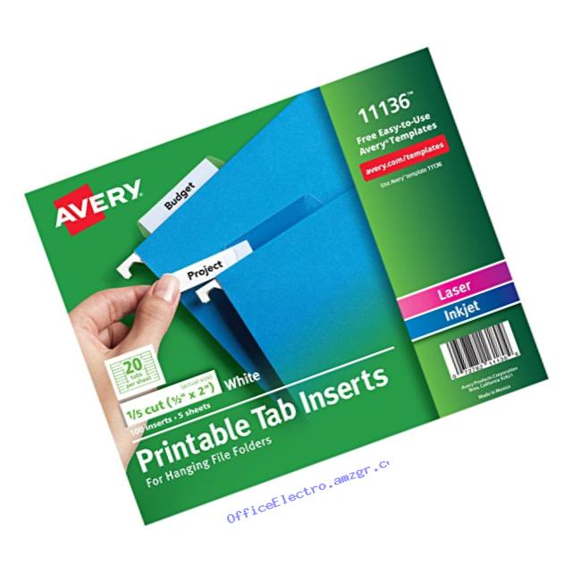 Avery WorkSaver Tab Inserts, 2 Inches, White, 100 Inserts (11136)